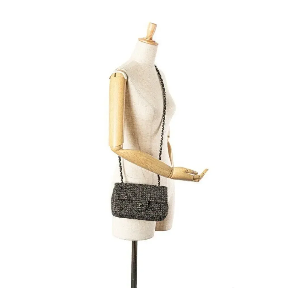 Chanel Mini Matelasse 20 Coco Mark Tweed Leather Shoulder Bag Gray